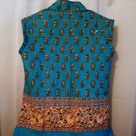 Nwt Tuxedo Ruffle Front Blouse Top M Blue Rust floral Button Up Tank Mandarin - Picture 8 of 10